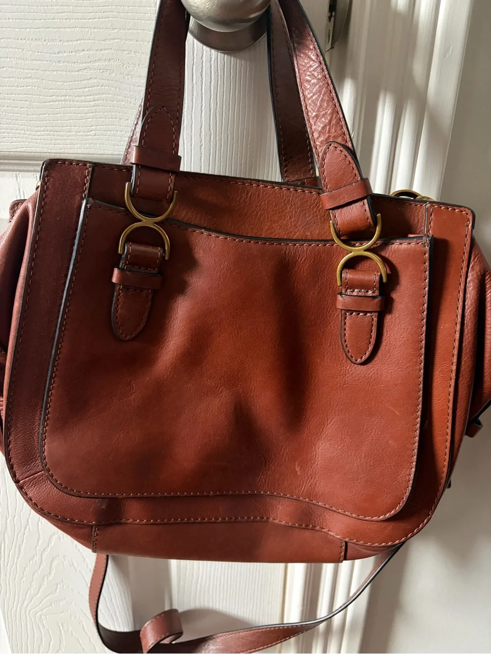 Fossil Chestnut Brown Leather Messenger Bag with Gold Hardware